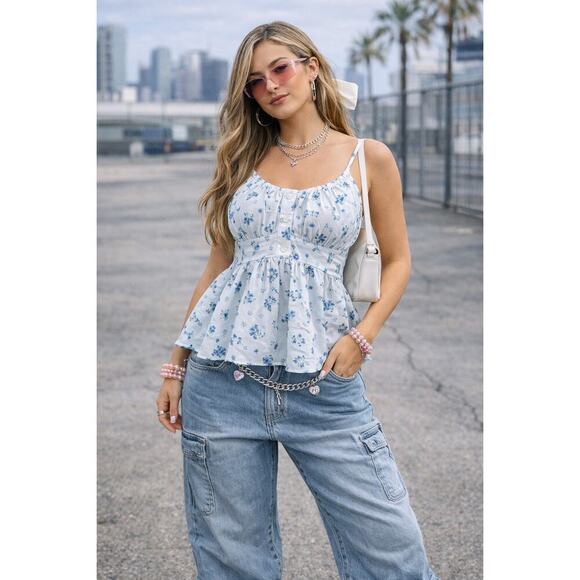 SHEIN Tops - Shein Blue Floral Tie Back Babydoll Milkmaid Cottagecore Coquette Cami Top SizeM